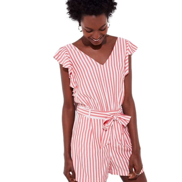 ANN Taylor Loft Size 10P Romper Sleeveless Ruffle Tie Summer Coastal Spring - Picture 1 of 7